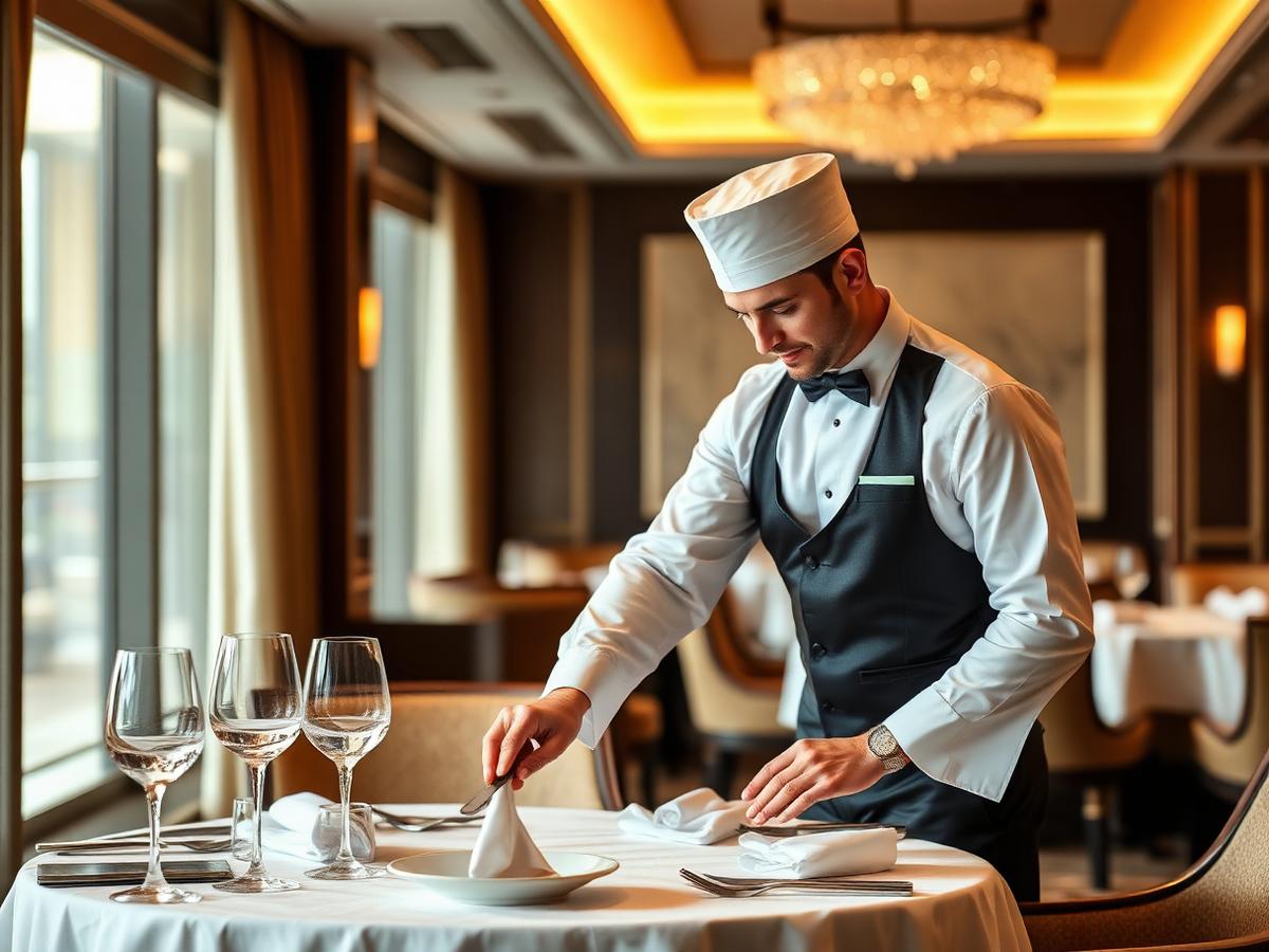 Hospitality staff preparing a fine dining restaurant