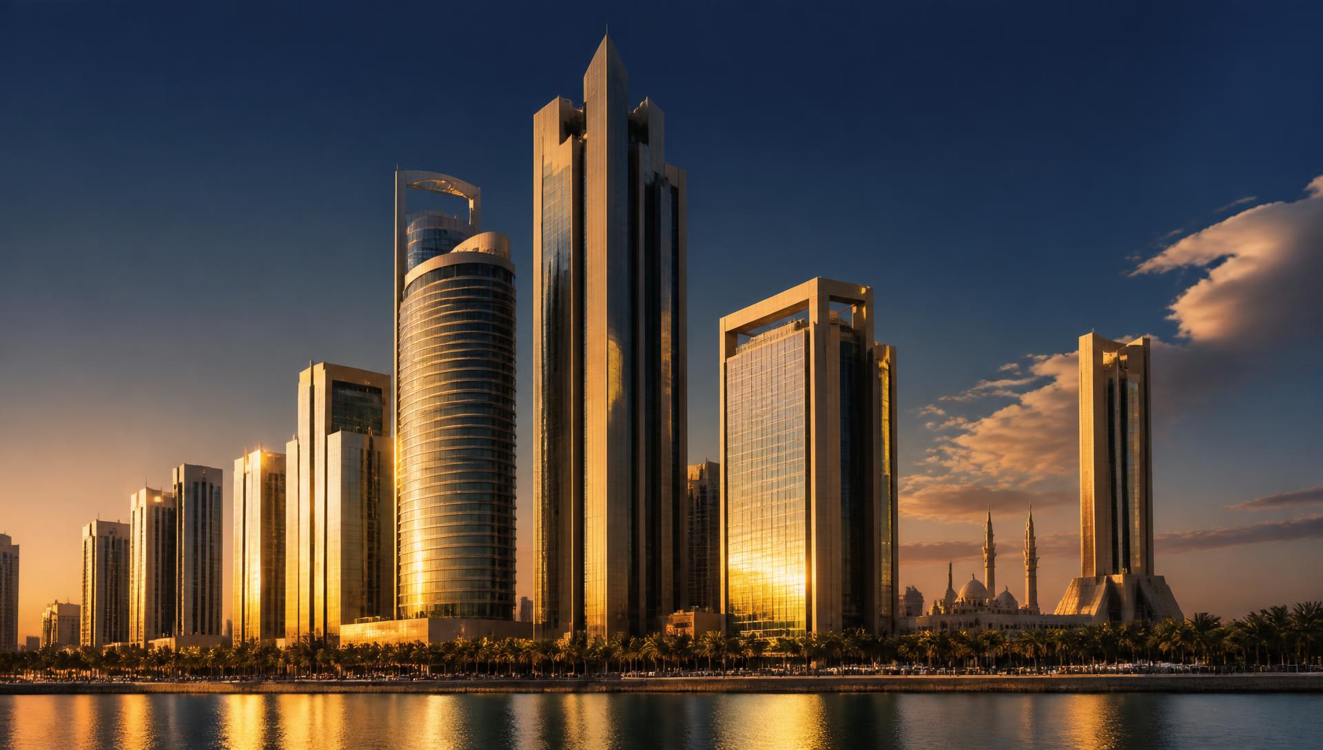 Skyline of a modern business district in the United Arab Emirates at golden hour