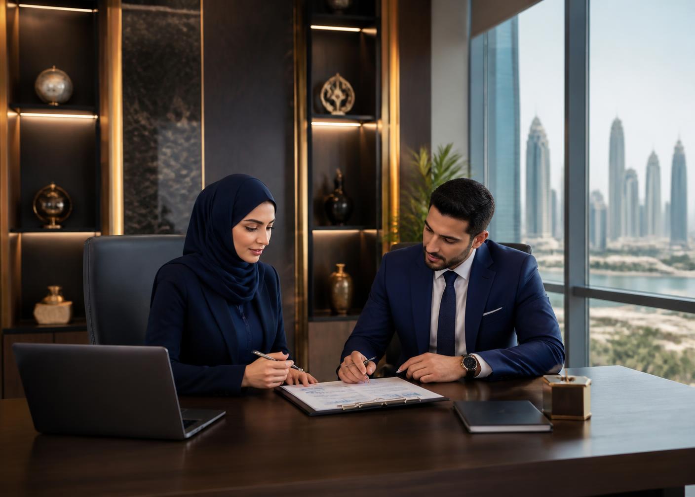 Consultants reviewing company documents in a Sharjah office